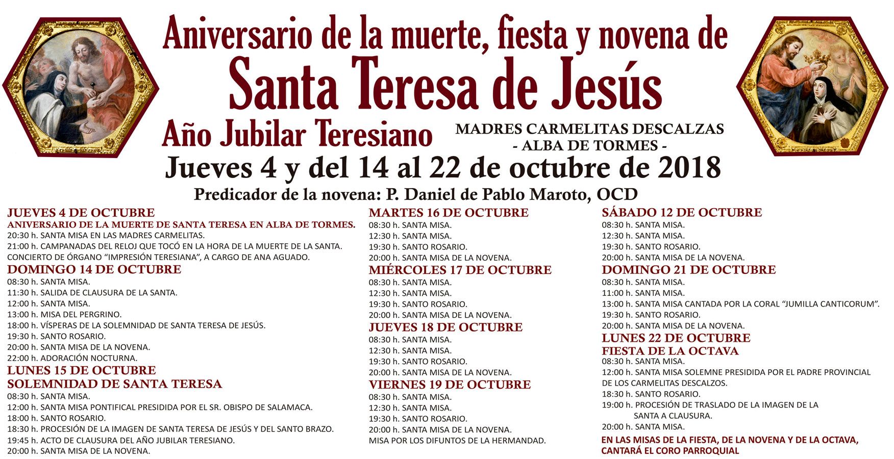 Aniversario de la Muerte, fiesta y novena de Santa Teresa de Jesús